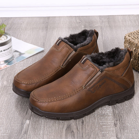 Zicowa Men Plush Lining Warm Slip On Casual Leather Shoes