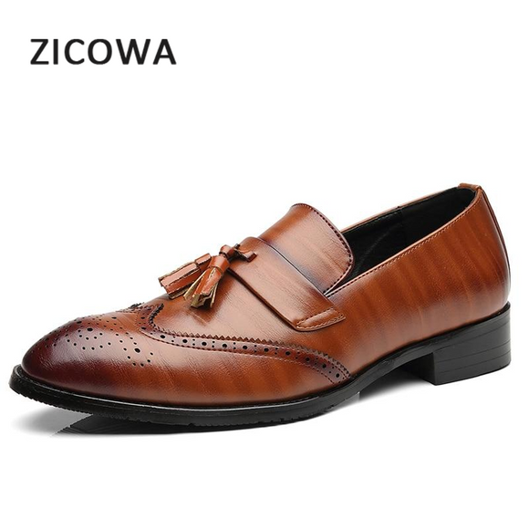 Men Tassel Formal Loafers British Style Carved Split Leather Business Shoes