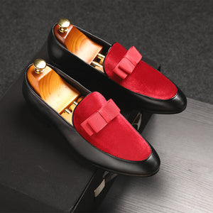 2020 Luxury Bowknot Dress Loafers Black Patent Leather Red Suede Formal Wedding Shoes