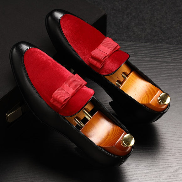 2020 Luxury Bowknot Dress Loafers Black Patent Leather Red Suede Formal Wedding Shoes