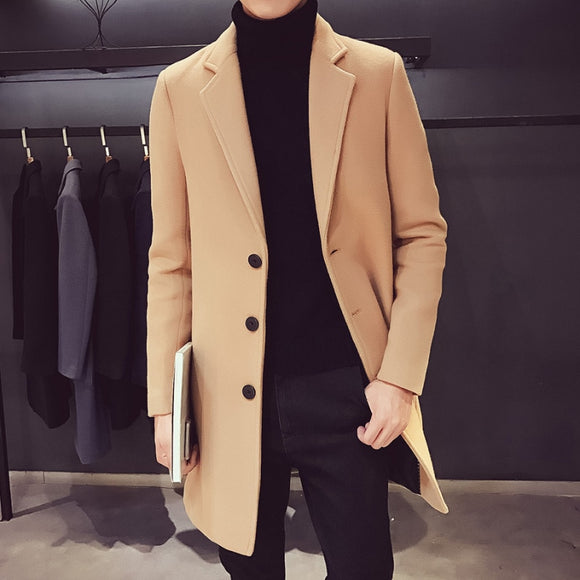Fashion Men Wool Blends Business Trench Coat