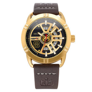 Men Calendar Gold Leather Strap Military Sports WristWatches