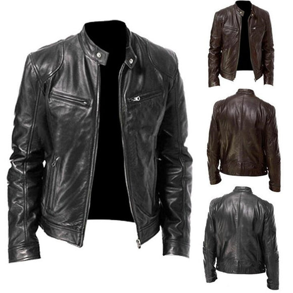 Slim Fit Stand Collar Male Anti-wind Motorcycle Leather Jacket