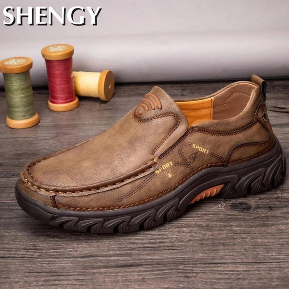 Solid Color Leather Slip-On Sewing Waterproof Men Shoes
