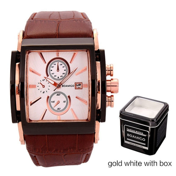 Fashion Rose Gold Waterproof Cock Leather Male Casual Wristwatches
