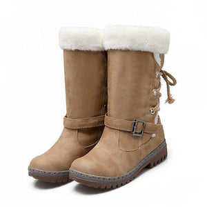 Women Fashion Cotton Winter Mid-calf Fur Leather Lace Up Snow Boots
