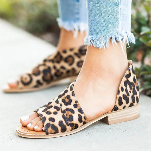 2019 Fashion Women Leopard Peep Toe Side-cut Style Stacked Flat Heel Sandals(5 Colors available)