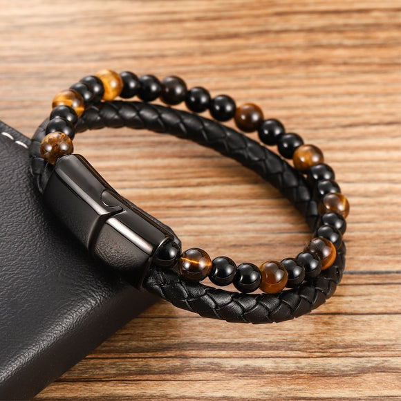 Stainless Steel Magnetic Natural Stone Leather Men Bracelet