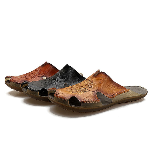 Zicowa Men Shoes - Classic Leather Flat Flip Flops Outdoor Sandals