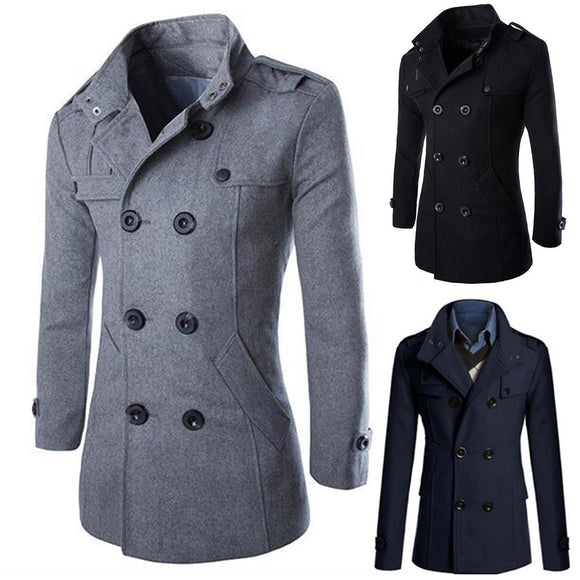Casual Solid Stand Collar Double Breasted Woolen Long Coat