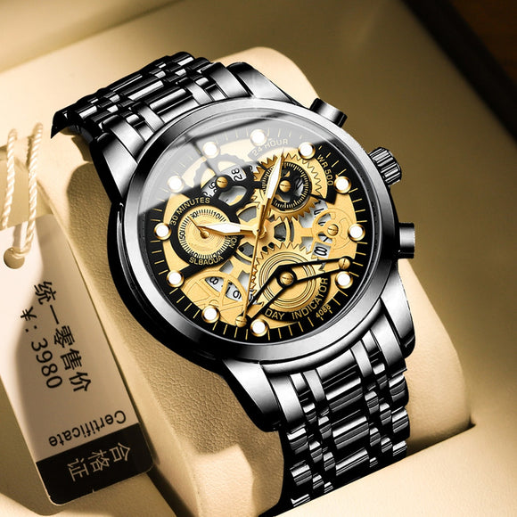 Luxury Fashion Luminous Date Men Hollow Skeleton Quartz Watch