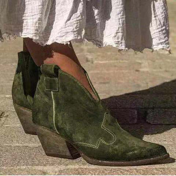 Fashion Vintage Autumn Deep V Shape Platform Chunky Med Heels Boots