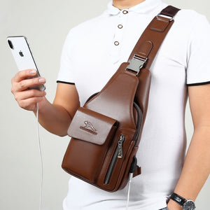 Men Casual Cowhide Leather USB Charging Crossbody Package