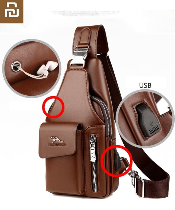 Men Casual Cowhide Leather USB Charging Crossbody Package