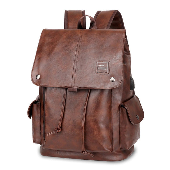 Fashion Leather Mens USB Charger Teenager Backpacks
