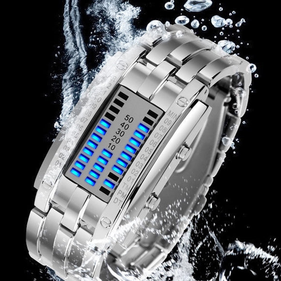 Men Stainless Steel Blue Binary Luminous LED Electronic Watch