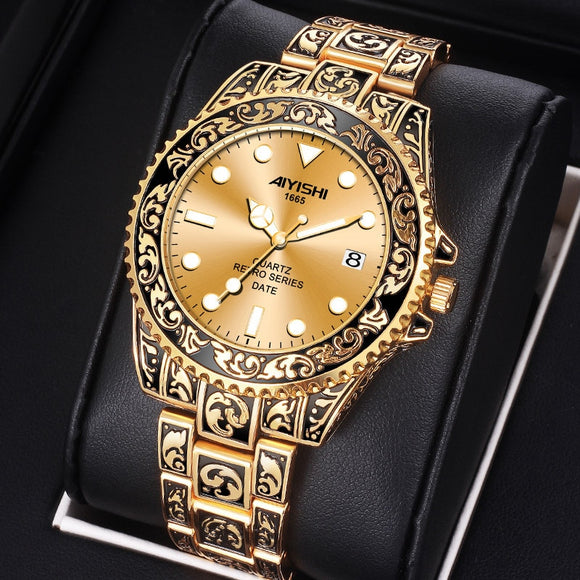 Luxury Retro Golden Stainless Steel Men Watches