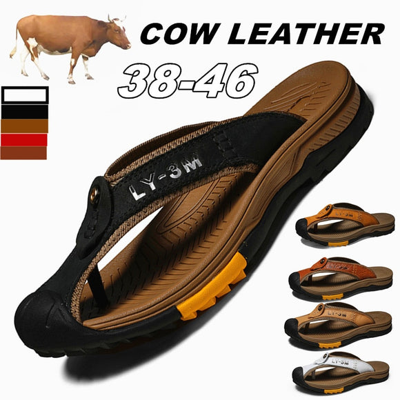 New Mens Genuine Cow Leather Flip Flops Men's Casual Shoes