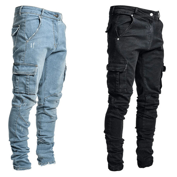 Casual Cotton Denim Trousers Multi Pocket Cargo Jeans
