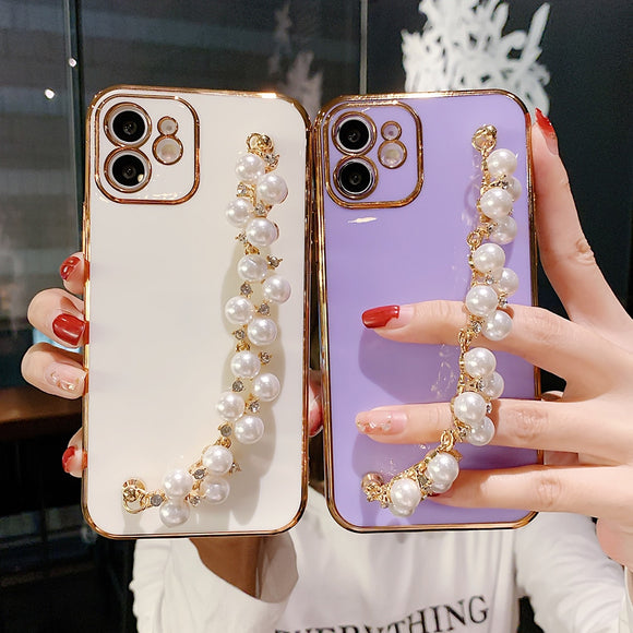 Plating Wrist Chian Strap Phone Case For iPhone 11 12 Series