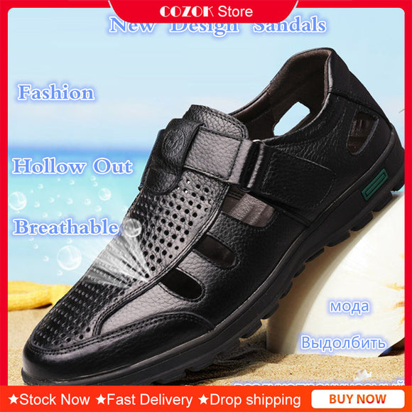 Breathable Hollow Mens Soft Leather Sandals