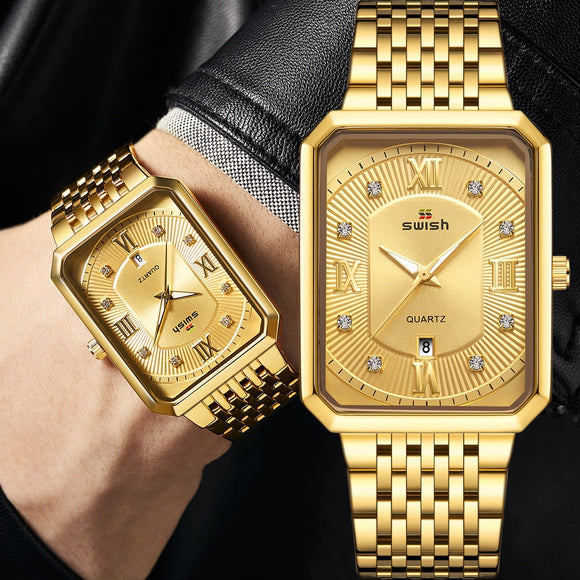 Luxury Golden Men Creative Rectangle Diamond Watch