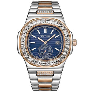 Men Quartz Diamond Stainless Steel Chronograph Wristwatch