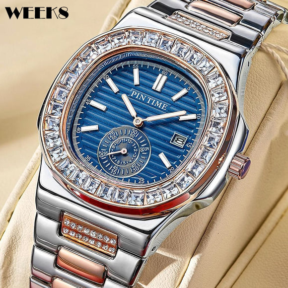 Men Quartz Diamond Stainless Steel Chronograph Wristwatch