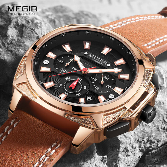 Luxury Sports Brown Leather Waterproof Chronograph Wristwatch