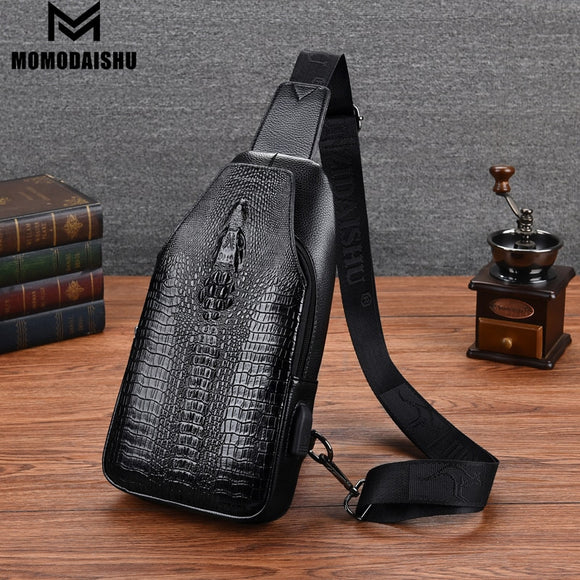 Leather USB Charging Chest Pack Alligator Casual Crossbody Bag