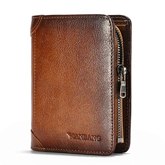 Men Cowhide Zip Coin Pocket Bifold wallets
