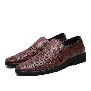 Men Leather Slip on Loafers Middle-aged Hollow Weave Hole Sandals