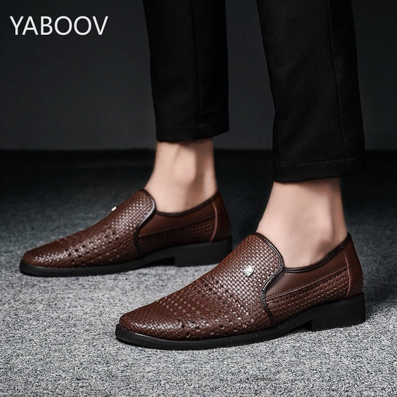 Men Leather Slip on Loafers Middle-aged Hollow Weave Hole Sandals
