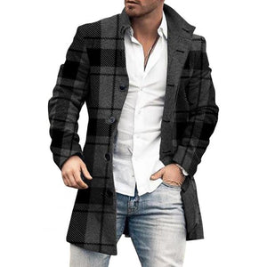 Men Overcoat Plaid Single-breasted Mid-length Jacket Coat