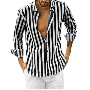 Men's Cotton Linen Striped Button Down Long Sleeve Shirt