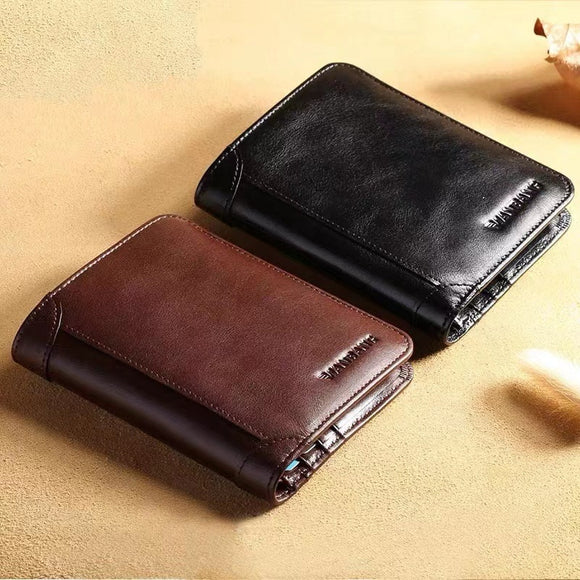 Men RFID Blocking Genuine Leather Trifold Business Short Purse Wallet