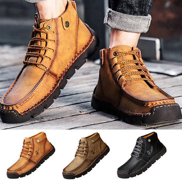 Men's Retro High-Top Lace-Up Leather Shoes