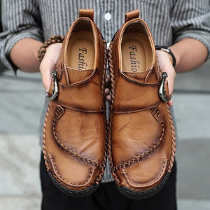 Fashion Buckle Casual Business Genuine Cow Leather Men Breathable Solid Color Shoes