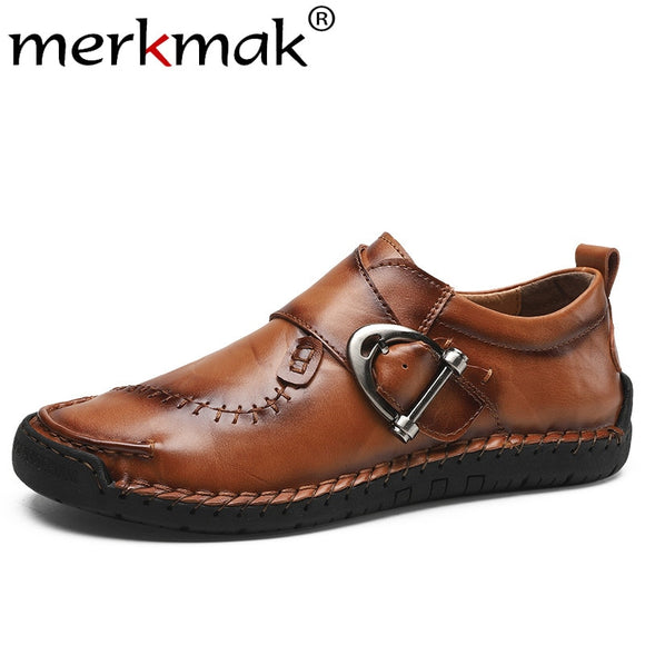 Fashion Buckle Casual Business Genuine Cow Leather Men Breathable Solid Color Shoes