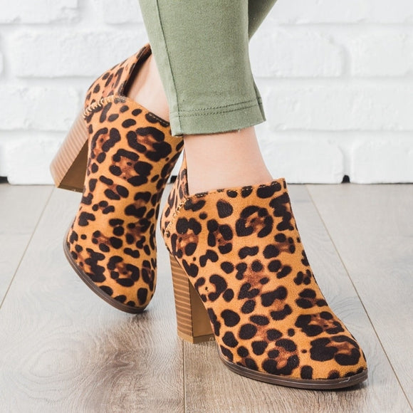 New Suede Autumn Leopard Slip On High Heel Zipper Ankle Boots