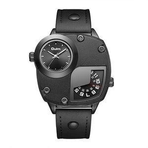 Luxury Men Two Time Zone Leather Strap Wristwatch
