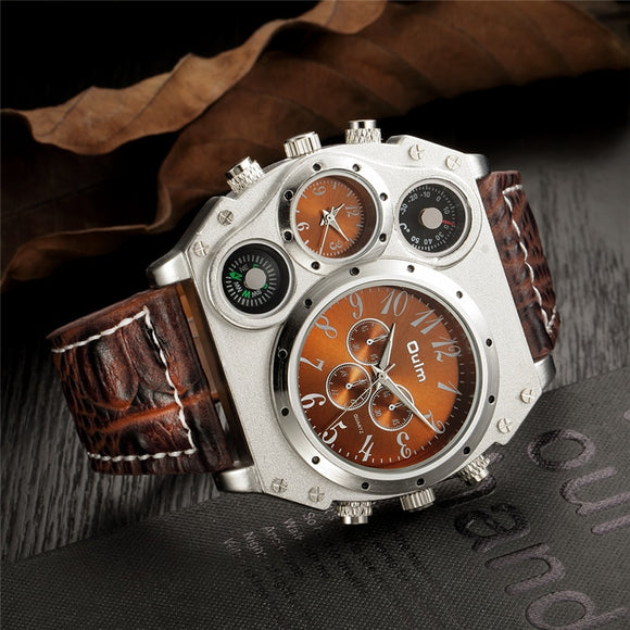Male Dual Time Zone Decorative Thermometer Compass Wristwatch