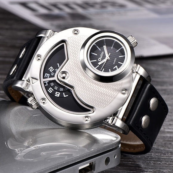 Multipe Time Zone Leather Strap Male Quart Wristwatch