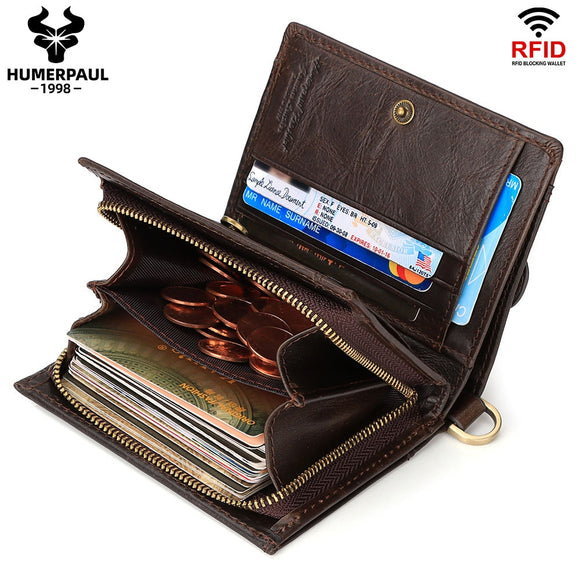 RFID Blocking Men Wallet Genuine Leather Zip Purse