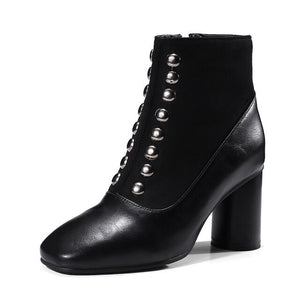 Women Vintage Square Toe Zipper High Heels Shoes Rivets Ankle Boots