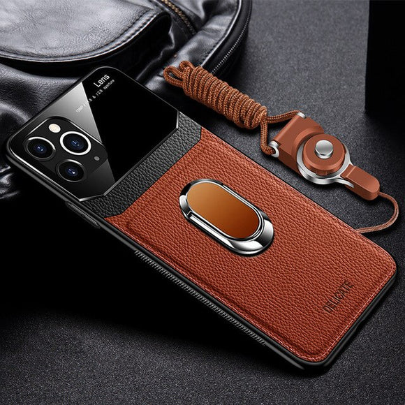 Zicowa Luxury Shockproof Leather + Hard PC Magnetic Ring Holder Case For iPhone With FREE Strap