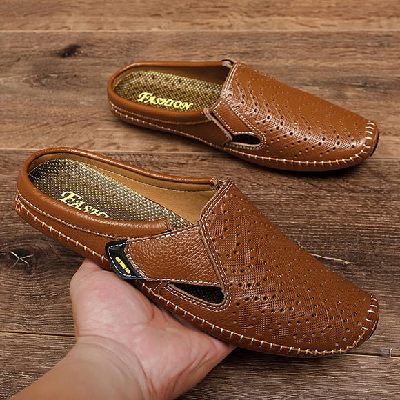 Summer New Genuine Leather Mens Half Slippers