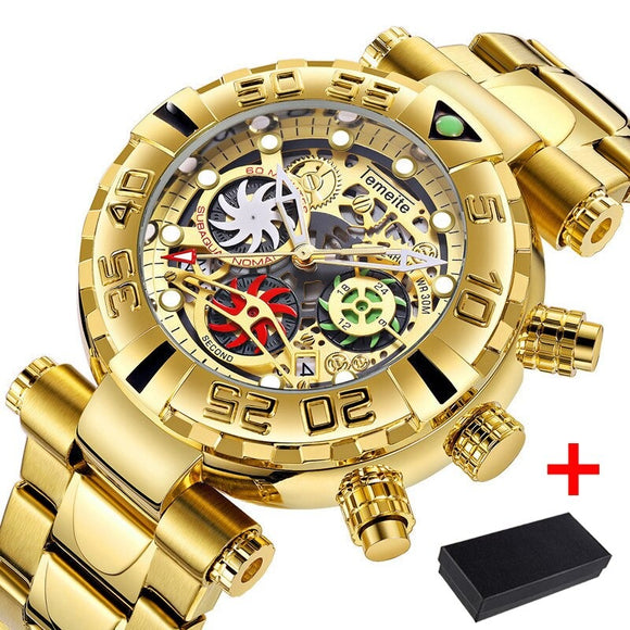 Luxury Steel Big Dial Quartz Gold Male Wristwatches