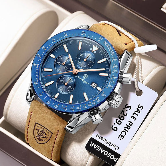 Luxury Men Leather Blue Quartz Wristwatches