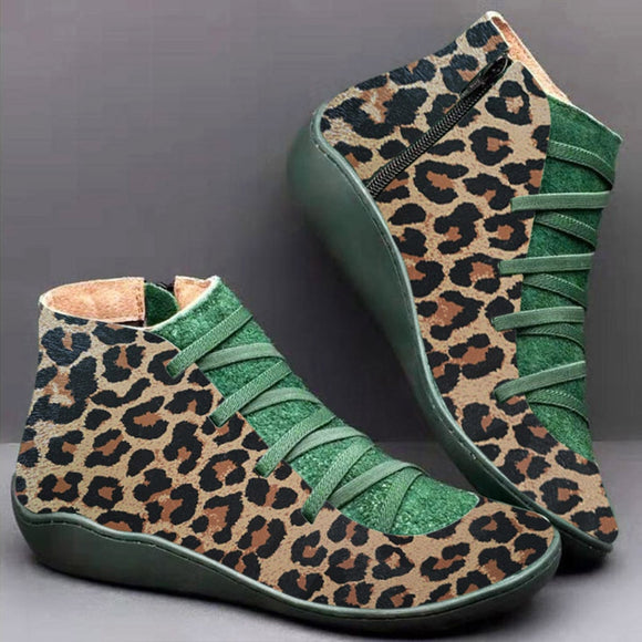 2019 Autumn Women Vintage Leather Leopard Print  Lace Ankle Boots